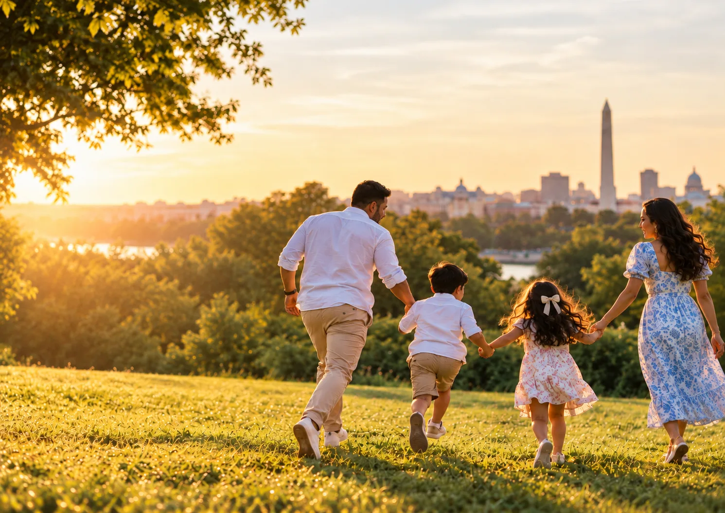 A family running hand in hand across a sunlit hill with the Washington skyline behind them