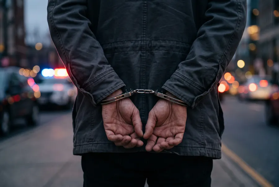 Hands in handcuffs with police lights blurred in the background