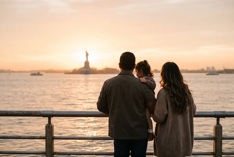 A family at a waterfront railing looking toward the Statue of Liberty at sunset