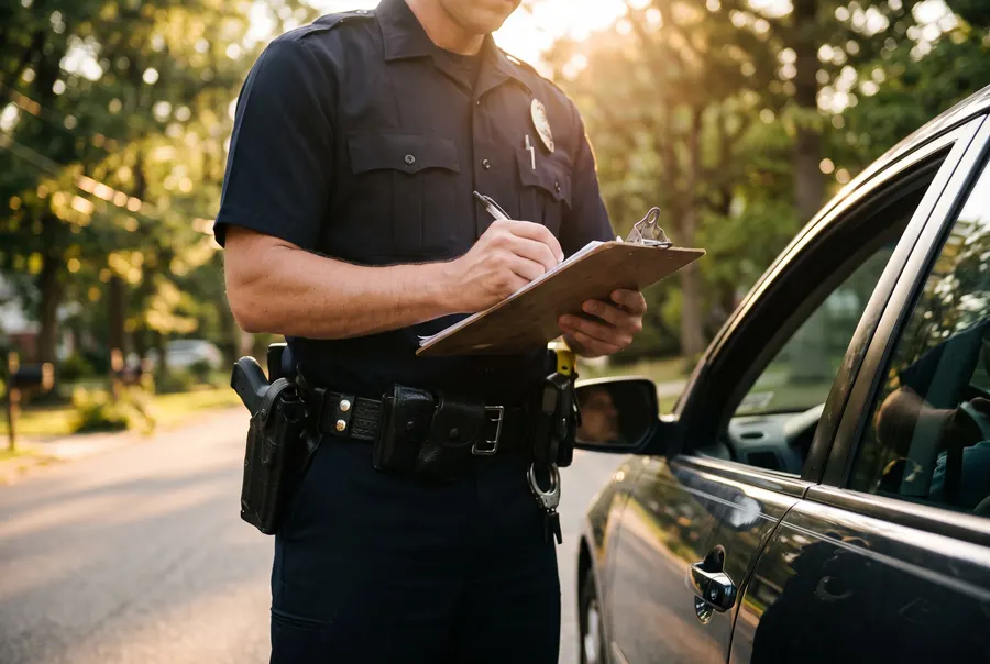A police officer writing a traffic citation beside a stopped car